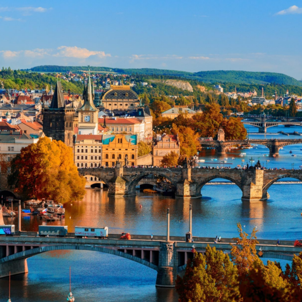 Prague, Czechia city and water view and many bridges