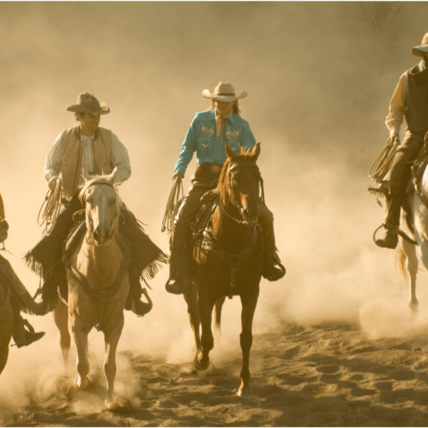 4 Cowboys of North America riding on horses on a western plain
