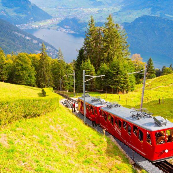 Red Train ascending a mountain meadow in Switzerland