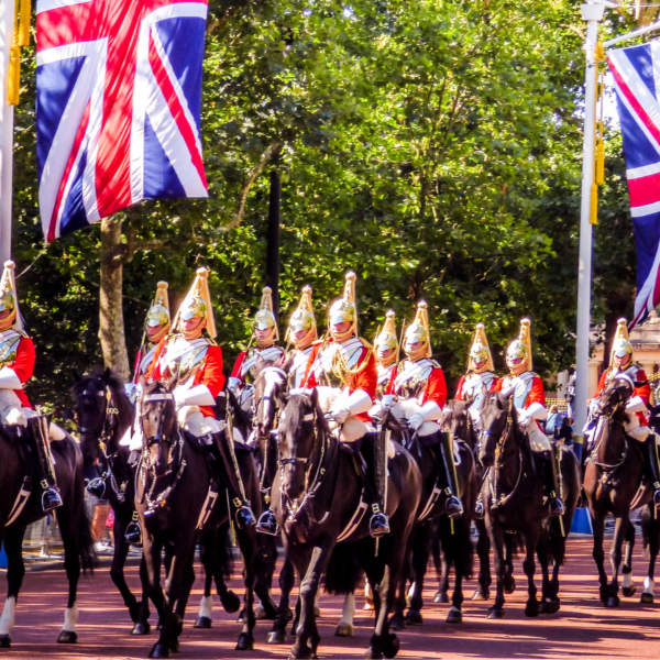 Horses carrying Union Jack flag in England