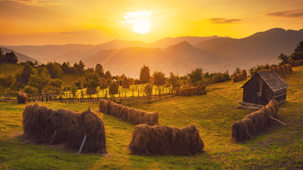View of Romanian countryside with haystacks at sunset