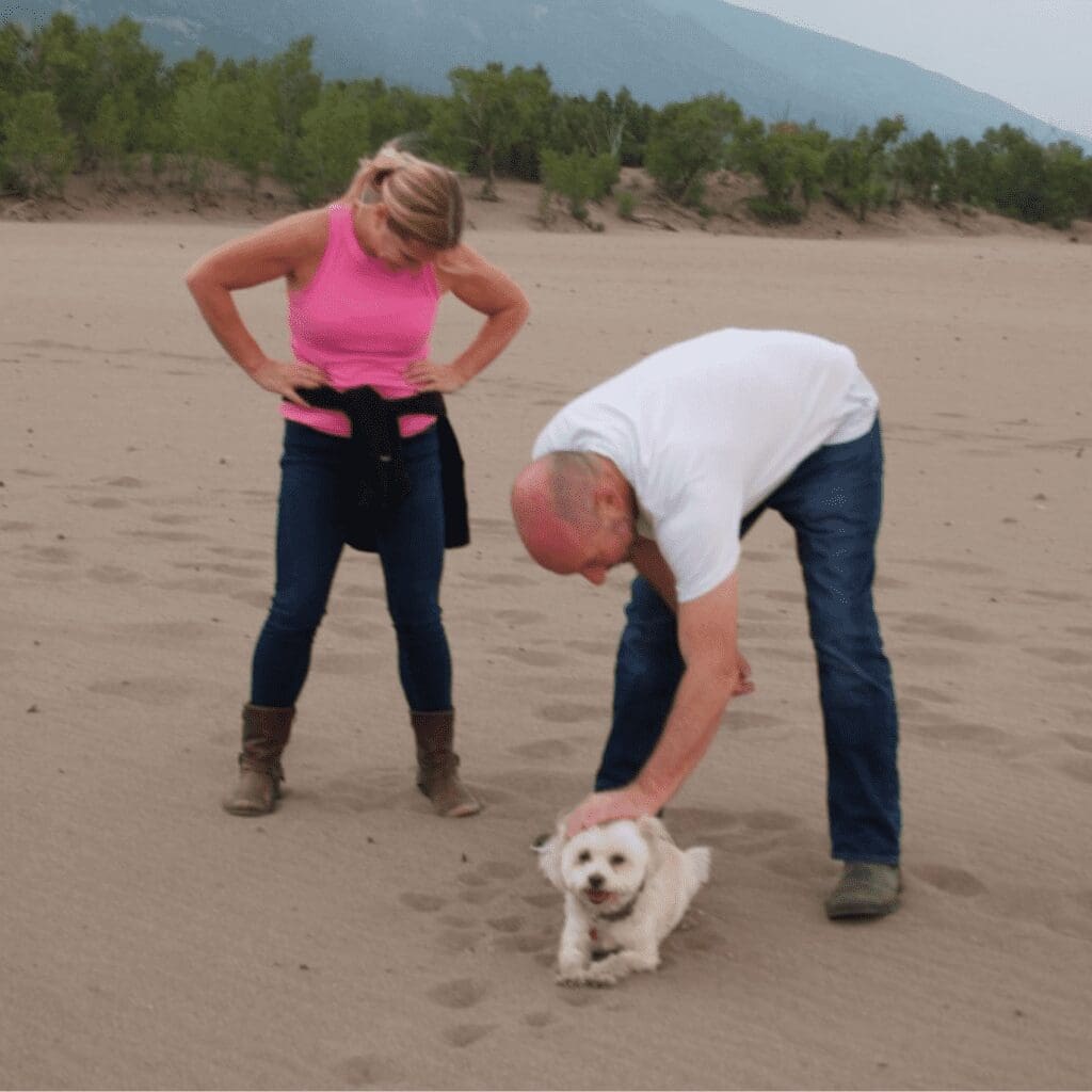 A white dog in sand with a man and a woman