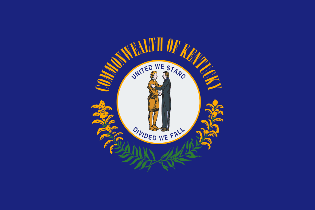 Blue flag with center emblem of two people standing