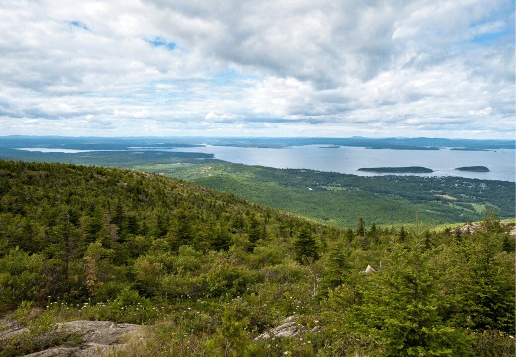 View from the top of the mountain, green trees and atlantic ocean in distance