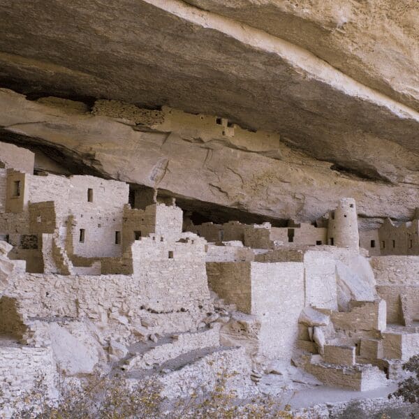 Adobe dwellings tucked up under the cliffs of mesa verde national park