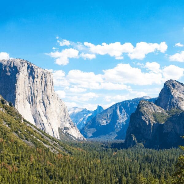 Picture of El Capitan the rock formation with surrounding mountains and green valley of pine trees in Yosemite National Park