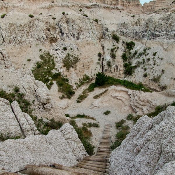 ladder leading up to view from above in Badlands National Park