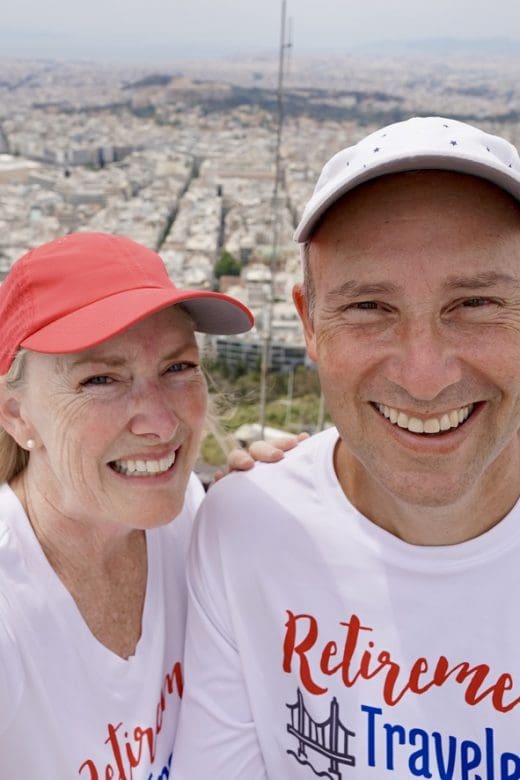 bev & John on top of hill overlooking Athens