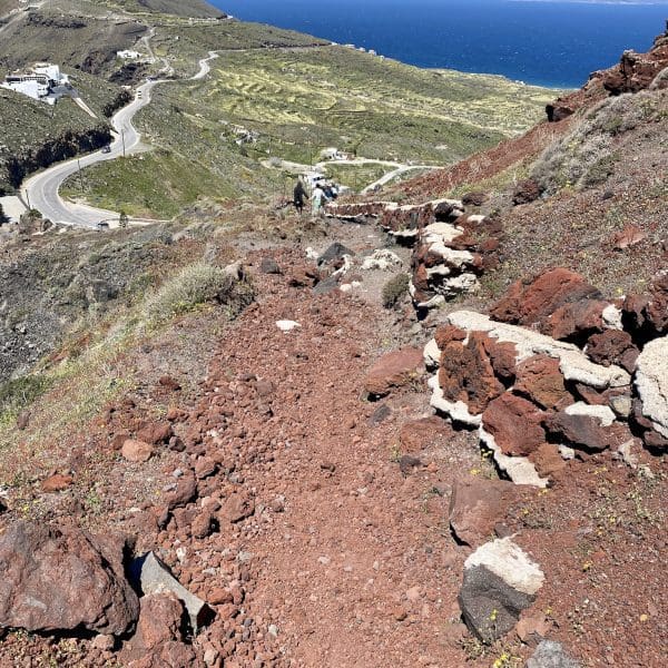 rocky path on hike from Fira to Oia in Santorini, Greece, which is the best hike on Santorini island