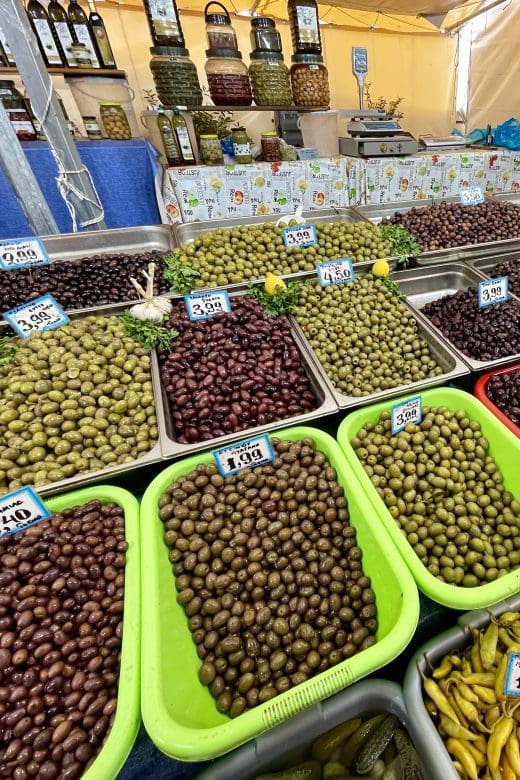 Olives in buckets in athens, greece