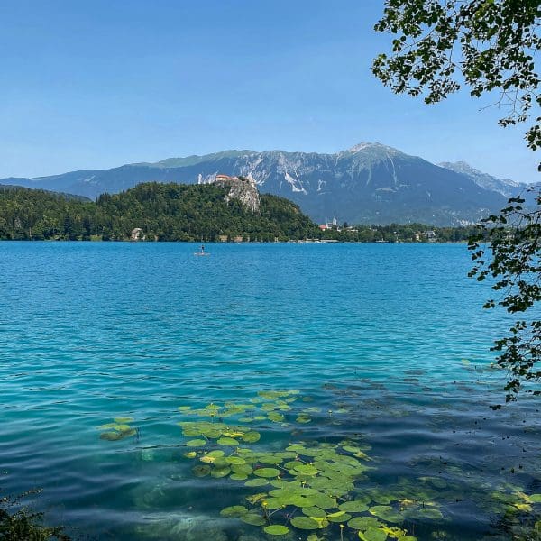 deep aqua water with view of island and church Lake Bled in Slovenia