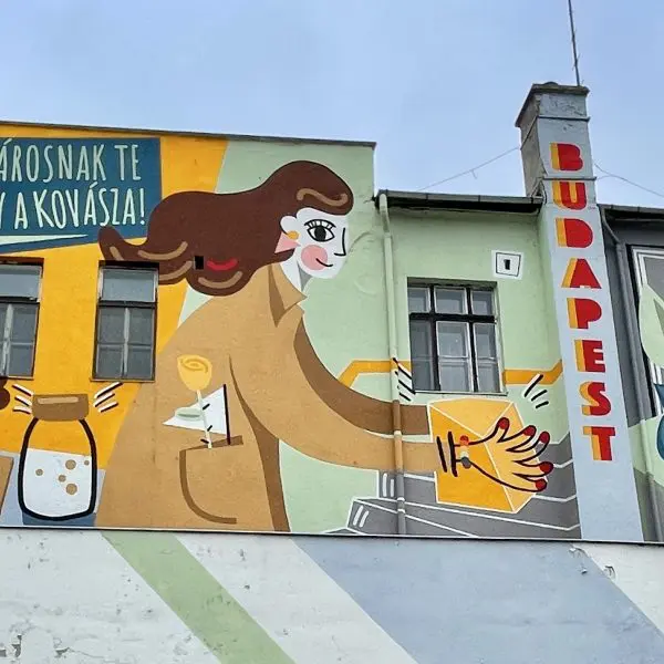 A colorful mural with the word Budapest written on it.