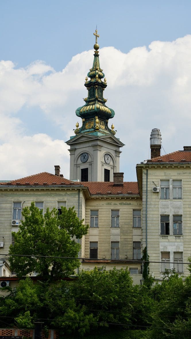 a church steeple with ornate steeple