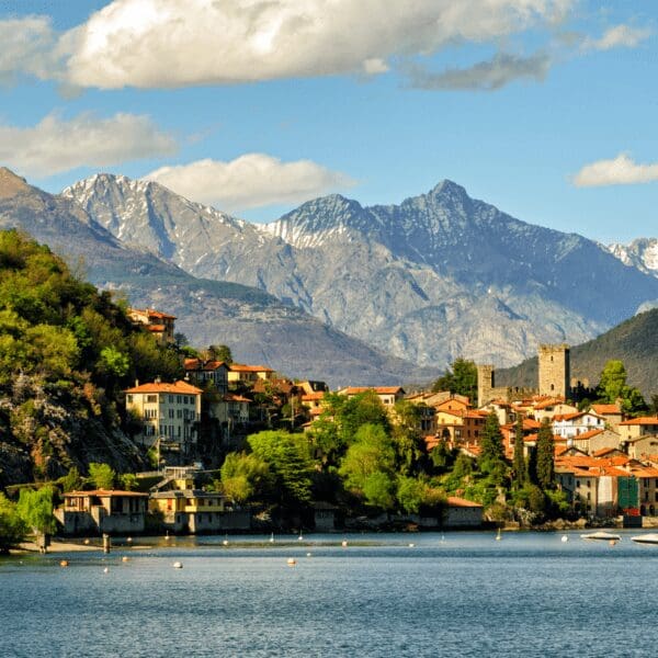 View of lake como, Italy with city and mountains in background
