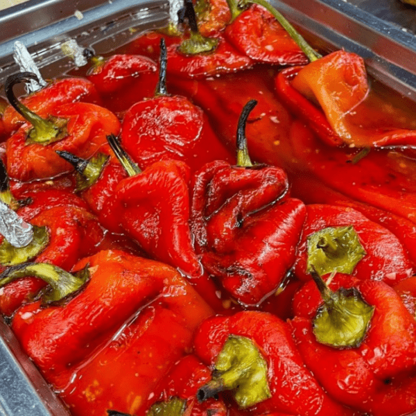 Tray of red peppers, which is a traditional Croatian food