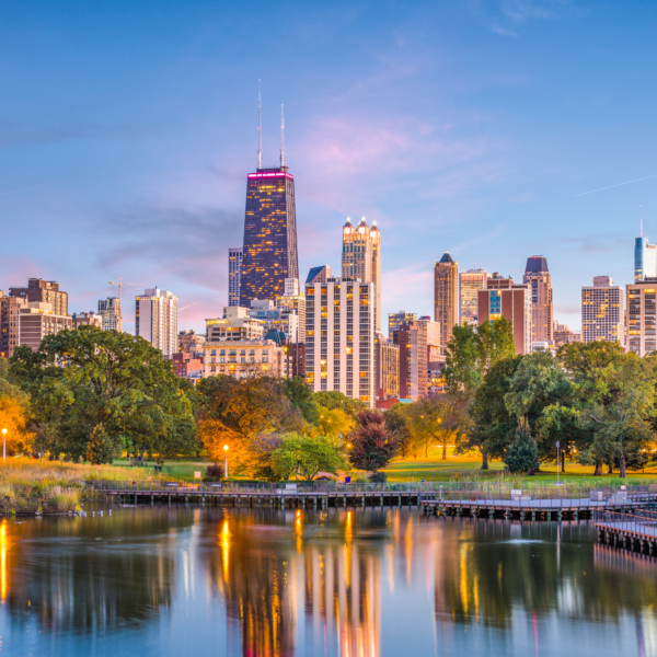 Chicago, Illinois skyline with buildings, trees and a lake
