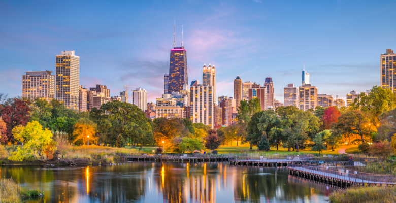 Chicago, Illinois skyline with buildings, trees and a lake