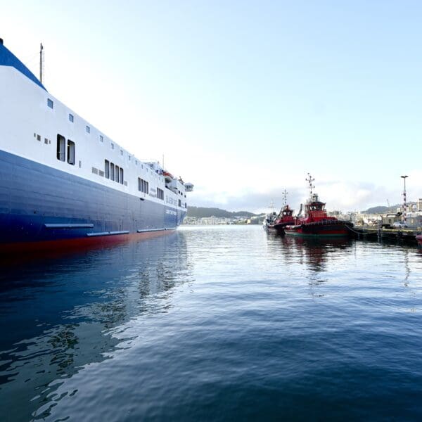 Large ferry boat with small tugs boats in the waterfront area of Wellington New Zealand