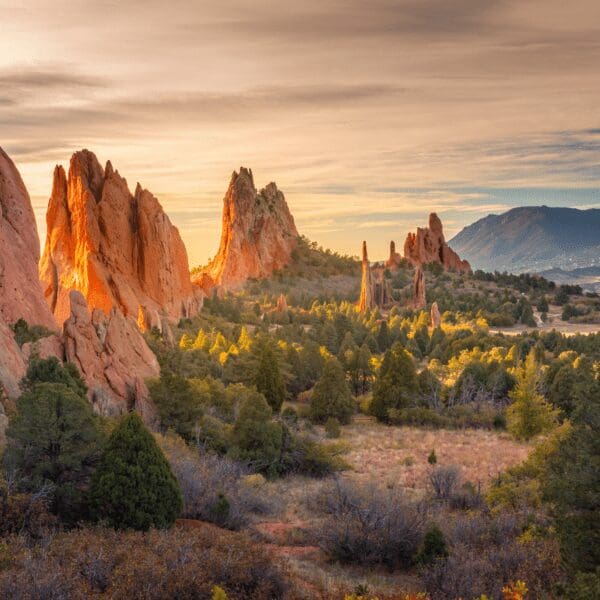 Tall rock formations in a valley at sunset near colorado springs, colorado