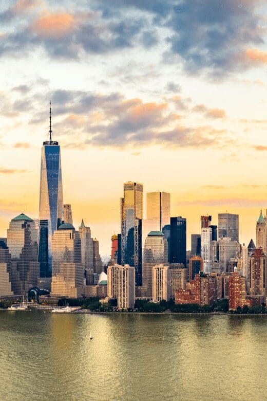 New York City skyline near sunset