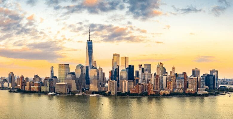 New York City skyline near sunset