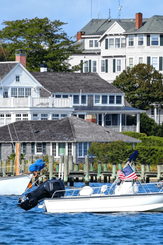 Seaside hotel with boats in the water in Martha's Vineyard, Massachusetts