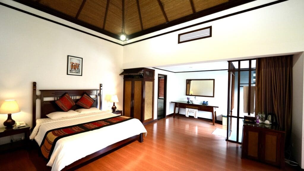 hotel room with high ceilings