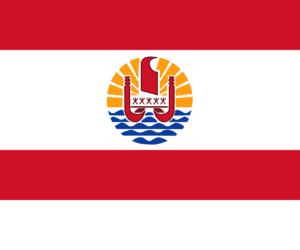 Red and white stripe flag with circle emblem in middle containing blue water and boat symbol