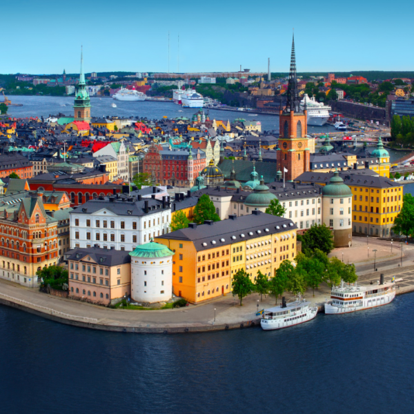 Colorful buildings along a river in Sweden