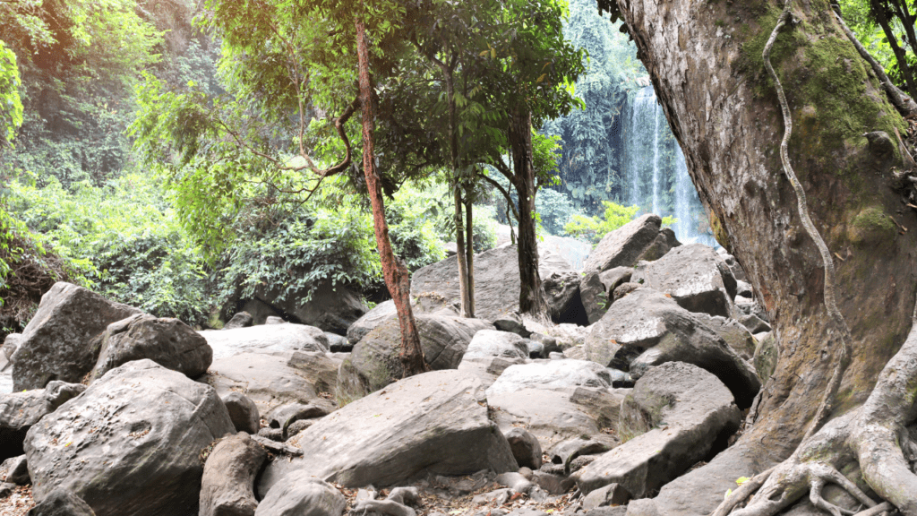 Tropical area and waterfall in Phnom Kulen mountain in Cambodia