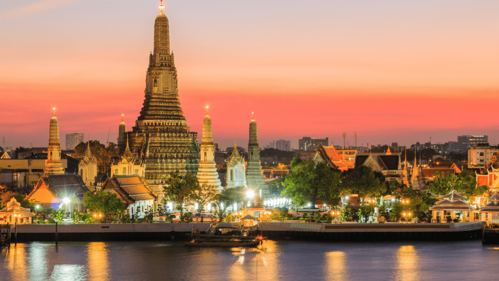 large temple in Bangkok at sunset
