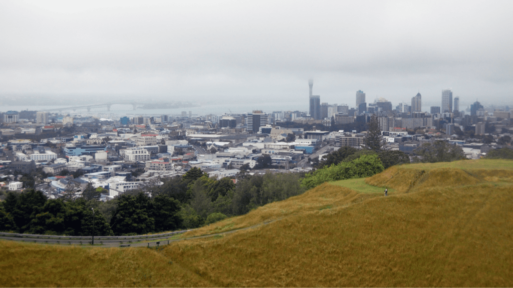 view of auckland buildings and skyline from mount eden viewpoint