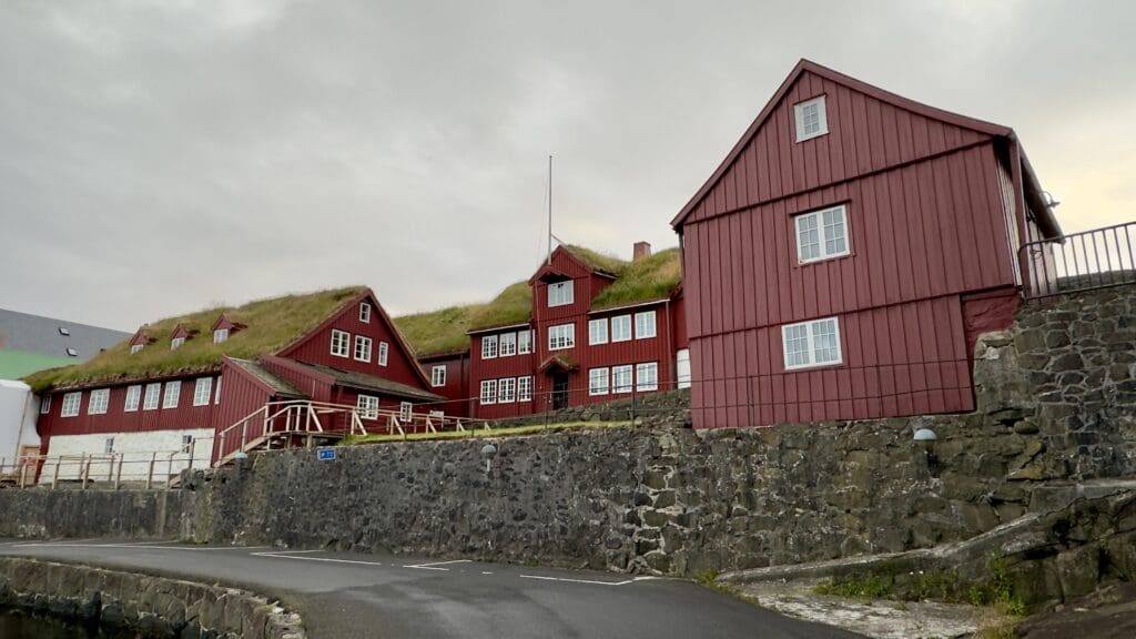 Traditional buildings with turf roofs in Torshavn Faroe Islands