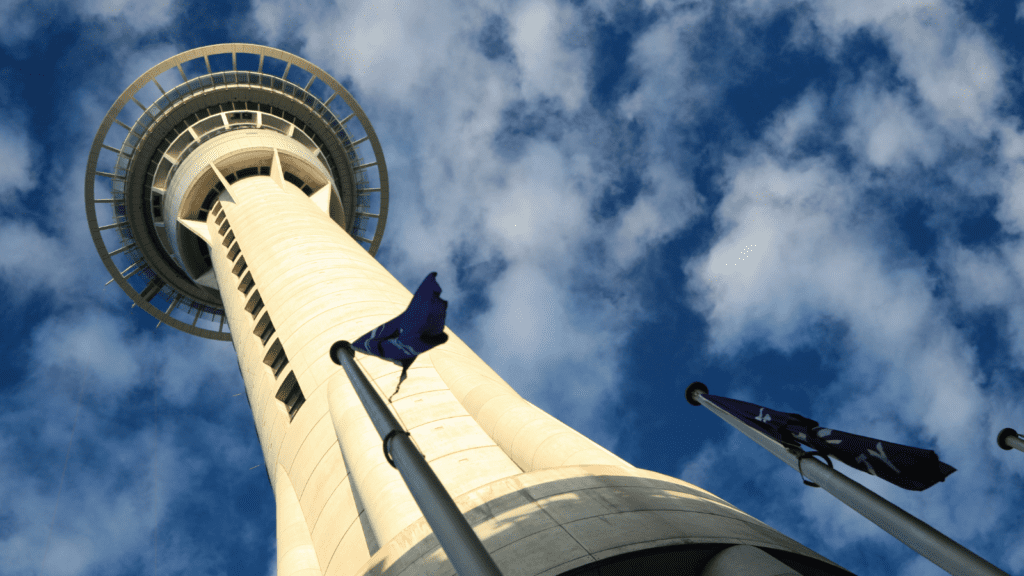view looking up of the sky tower in auckland new zealand