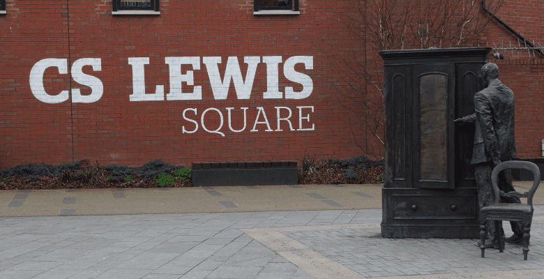 CS Lewis square written on side of building in Belfast