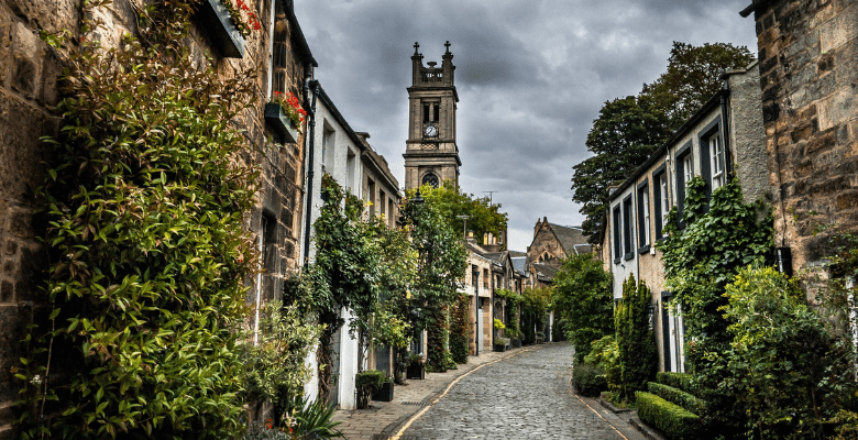 cobblestone street in Edinburgh, Scotland