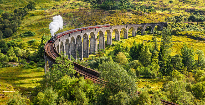 viaduct and train in the Scottish Highlands