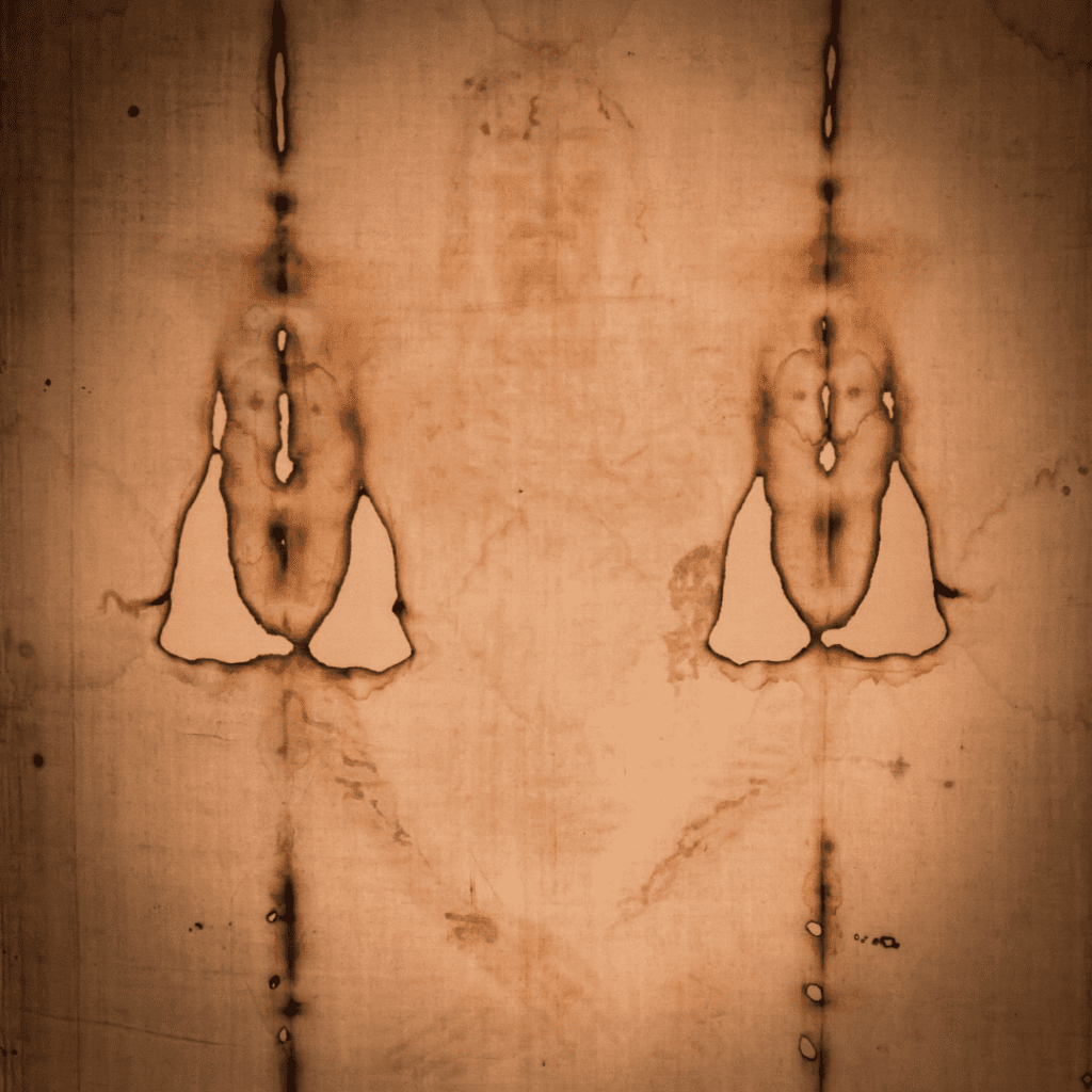 Image of what is believed to be the image of Christ on the Shroud of Turin, a burial cloth.
