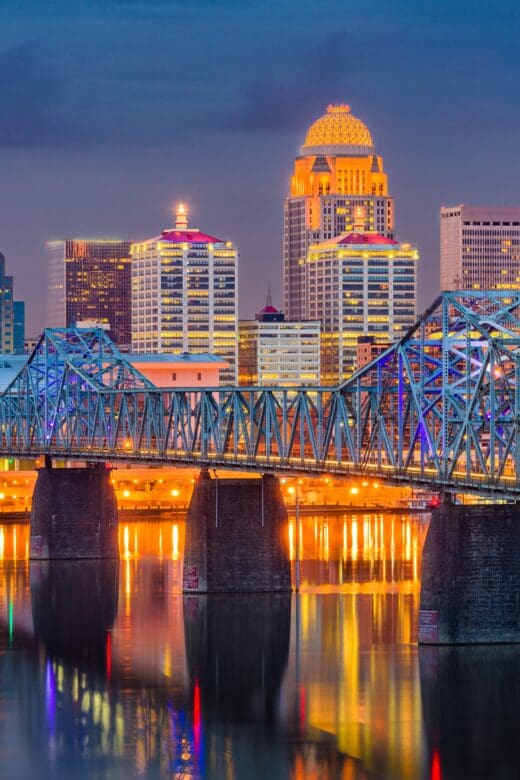 A view of Louisville Kentucky and the skyline with bridges and the Ohio River.