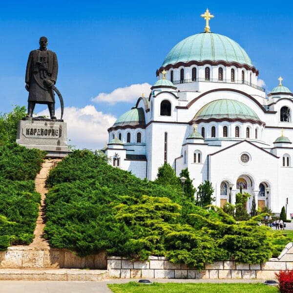 church and statue in Belgrade