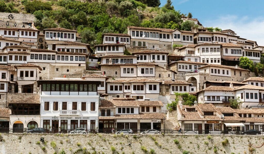 white houses with many windows in Berat Albania