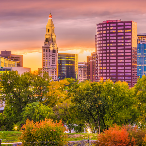 buildings at sunset in a city with trees in the foreground in Hartford Connecticut
