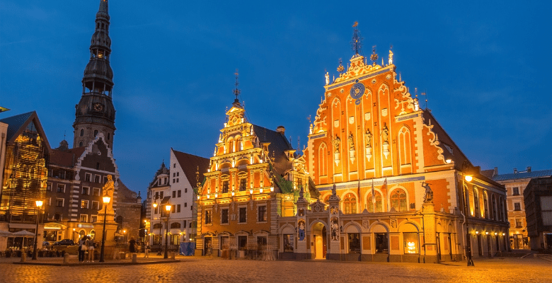 a night view of the House of the Blackheads in Riga