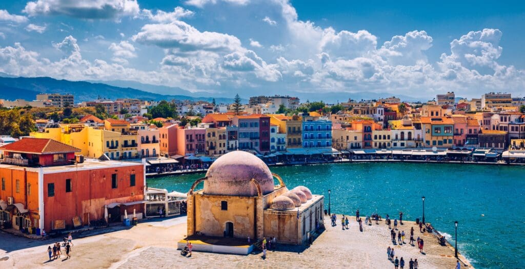 A View of Chania, Greece showing the shoreline of the city.