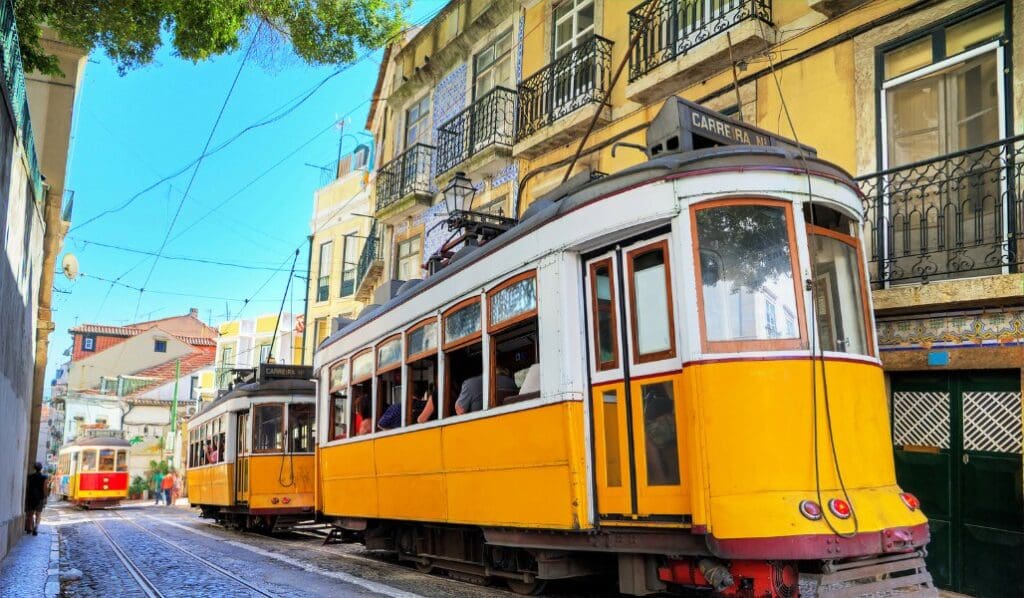 streetcars in lisbon portugal street