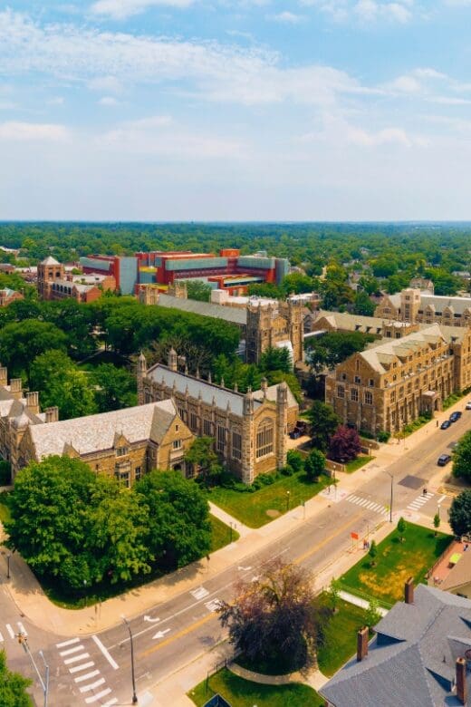 Aerial view of University of Michigan campus in Ann Arbor