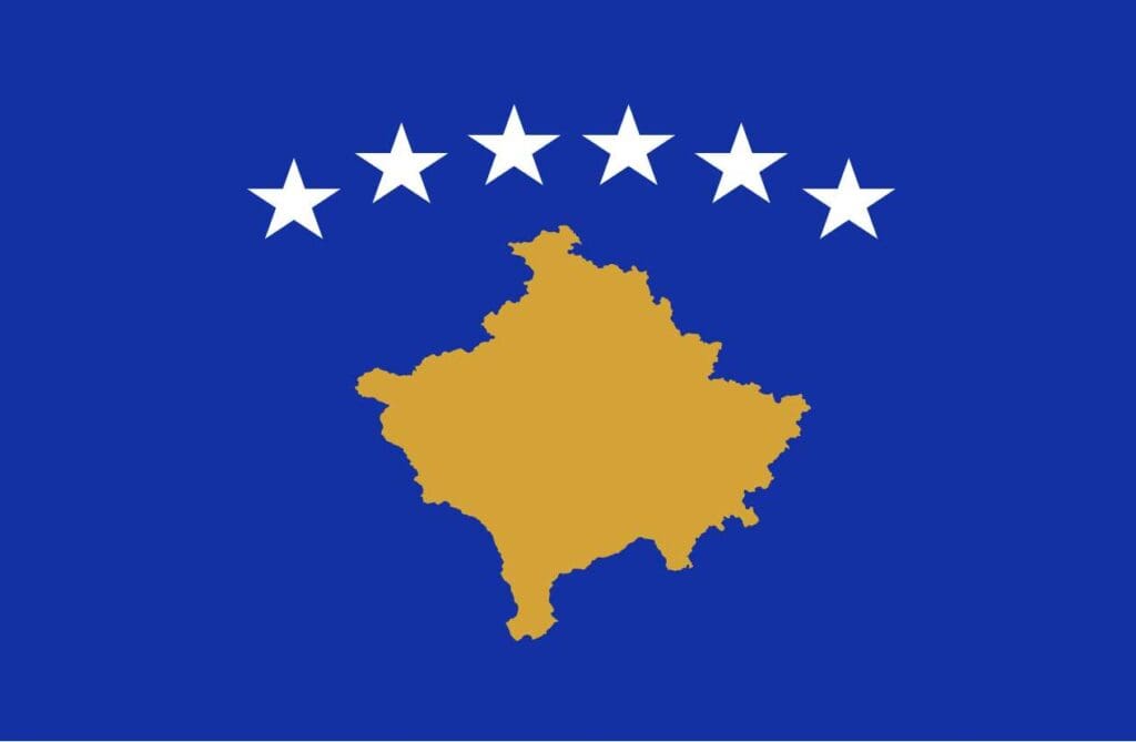 Blue flag with country map in center in gold with six white stars