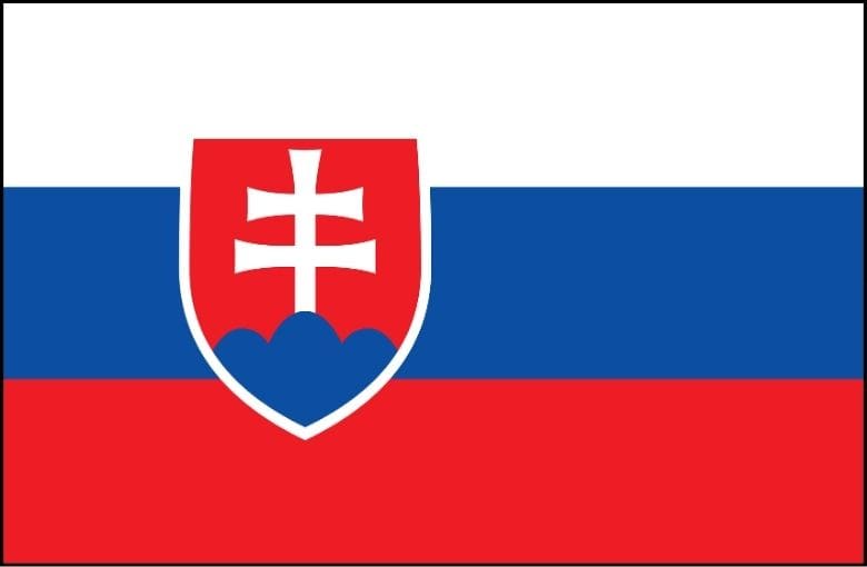 A red, white and blue stripe flag with a orthodox cross in the sheild.