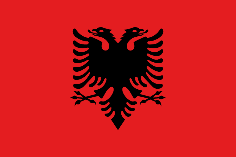 A red flag with a black emblem of a double bird's head.