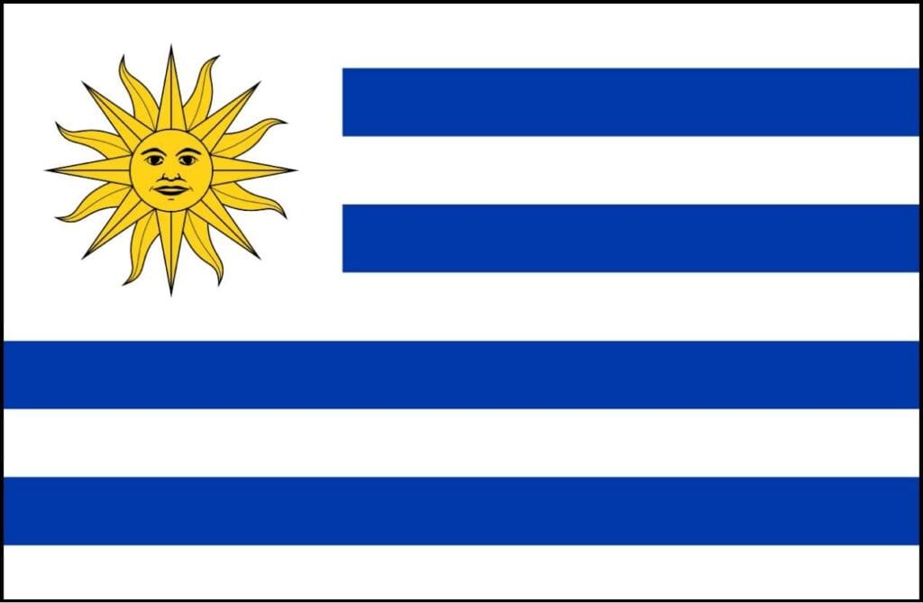 A blue and white striped flag with a yellow sun.
